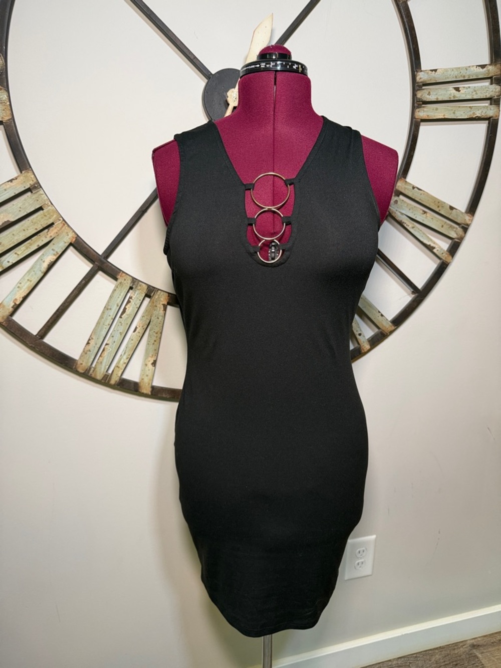 Say What ? Sleeveless Black Ring-Detail Bodycon Dress